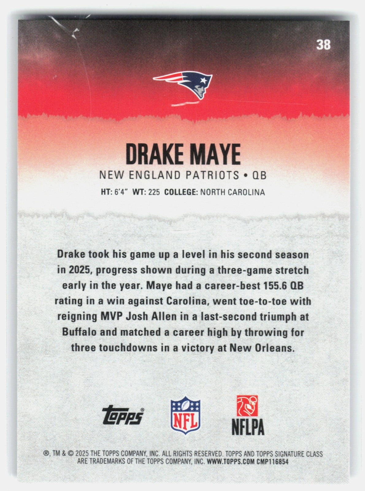 2025 Topps Signature Class Drake Maye #38 Veteran Patriots