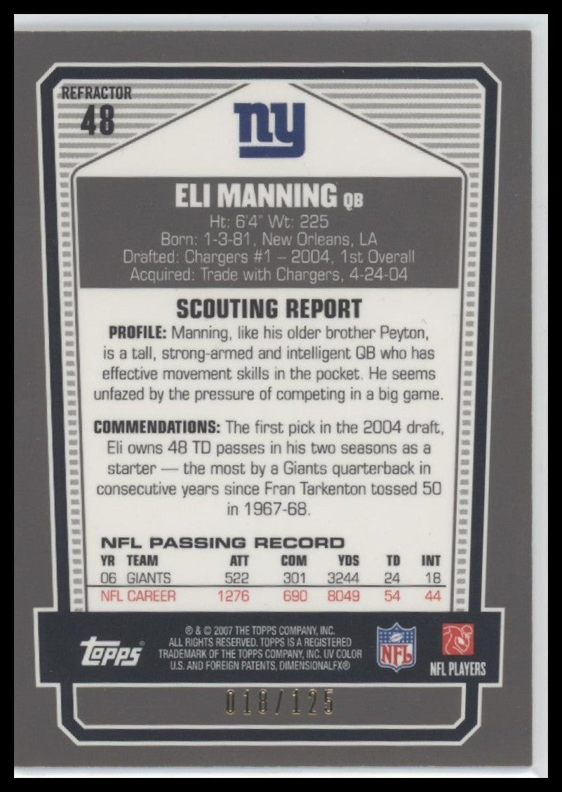 2007 Topps Draft Picks & Prospects Eli Manning New York Giants