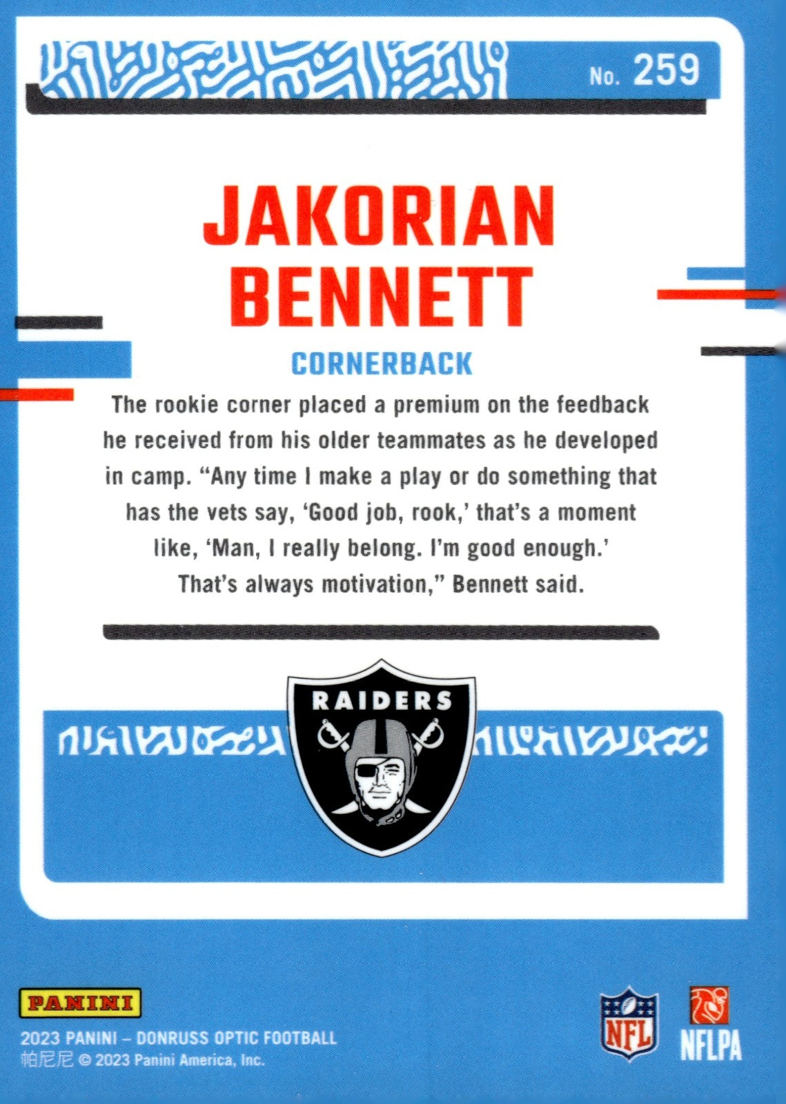 2023 Panini Donruss Optic Jakorian Bennett #259 RC Rated Rookie Raiders
