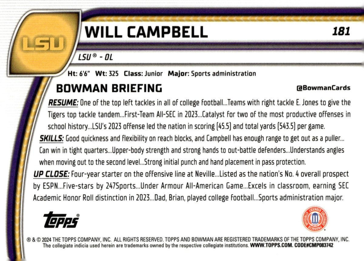 2024 Bowman Chrome University Sapphire Will Campbell #181 Tigers