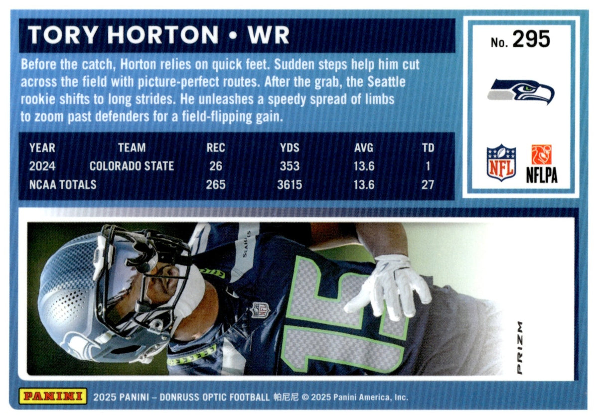 2025 Panini Donruss Optic Tory Horton #295 Rated Rookie Blue Hyper Prizm
