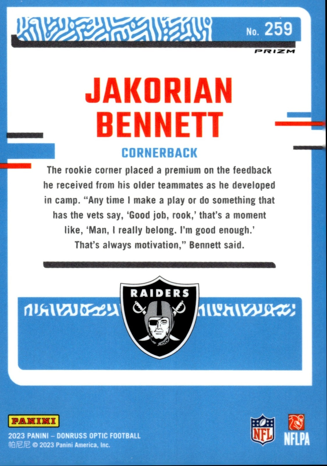 2023 Panini Donruss Optic Jakorian Bennett #259 Purple Shock