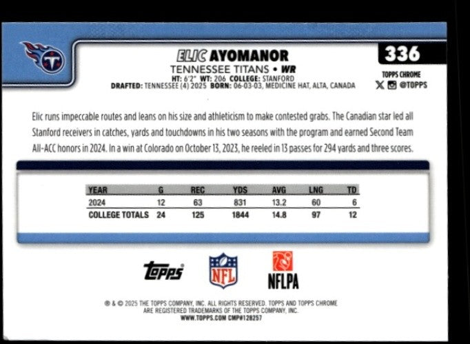2025 Topps Chrome Elic Ayomanor #336 Rookie RC Titans