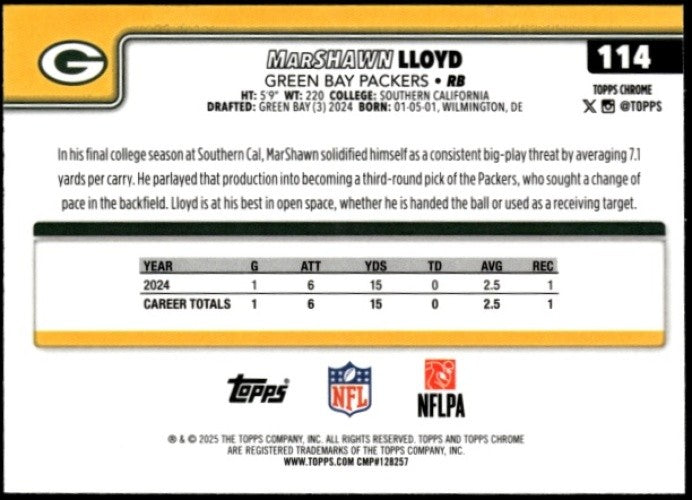 2025 Topps Chrome MarShawn Lloyd #114 Pulsar Refractor Packers