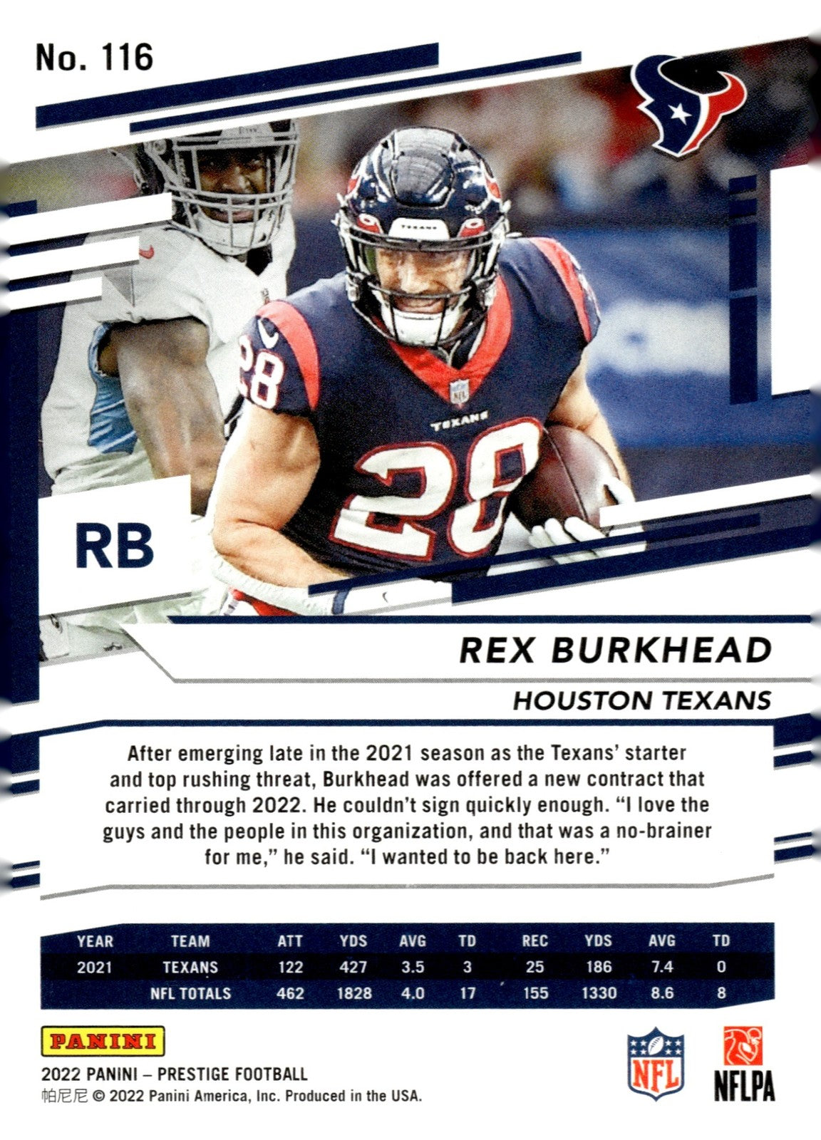 2022 Panini Prestige Rex Burkhead #116 Xtra Points Blue 283/299 Texans