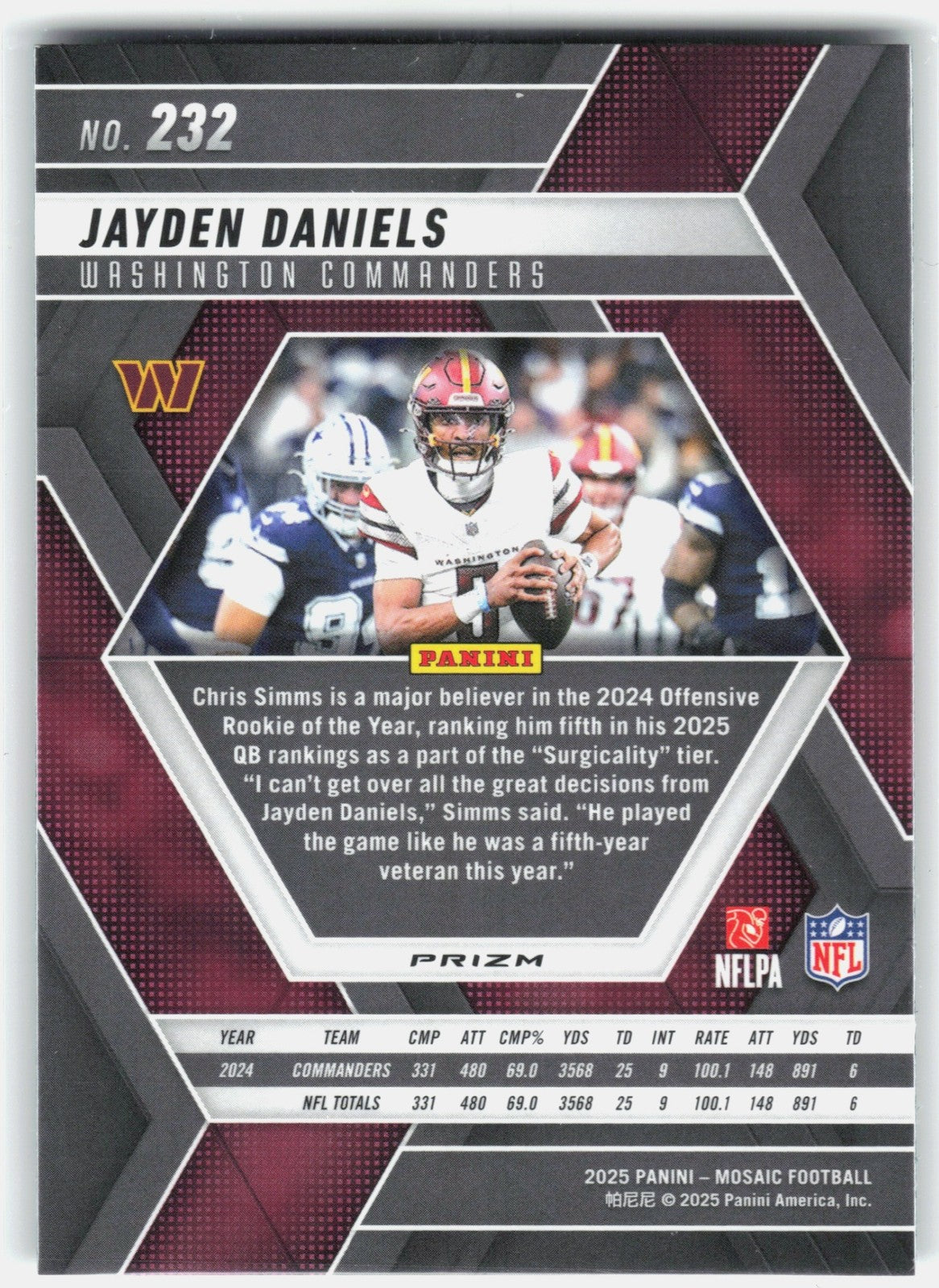 2025 Panini Mosaic Jayden Daniels #232 Green Prizm Commanders