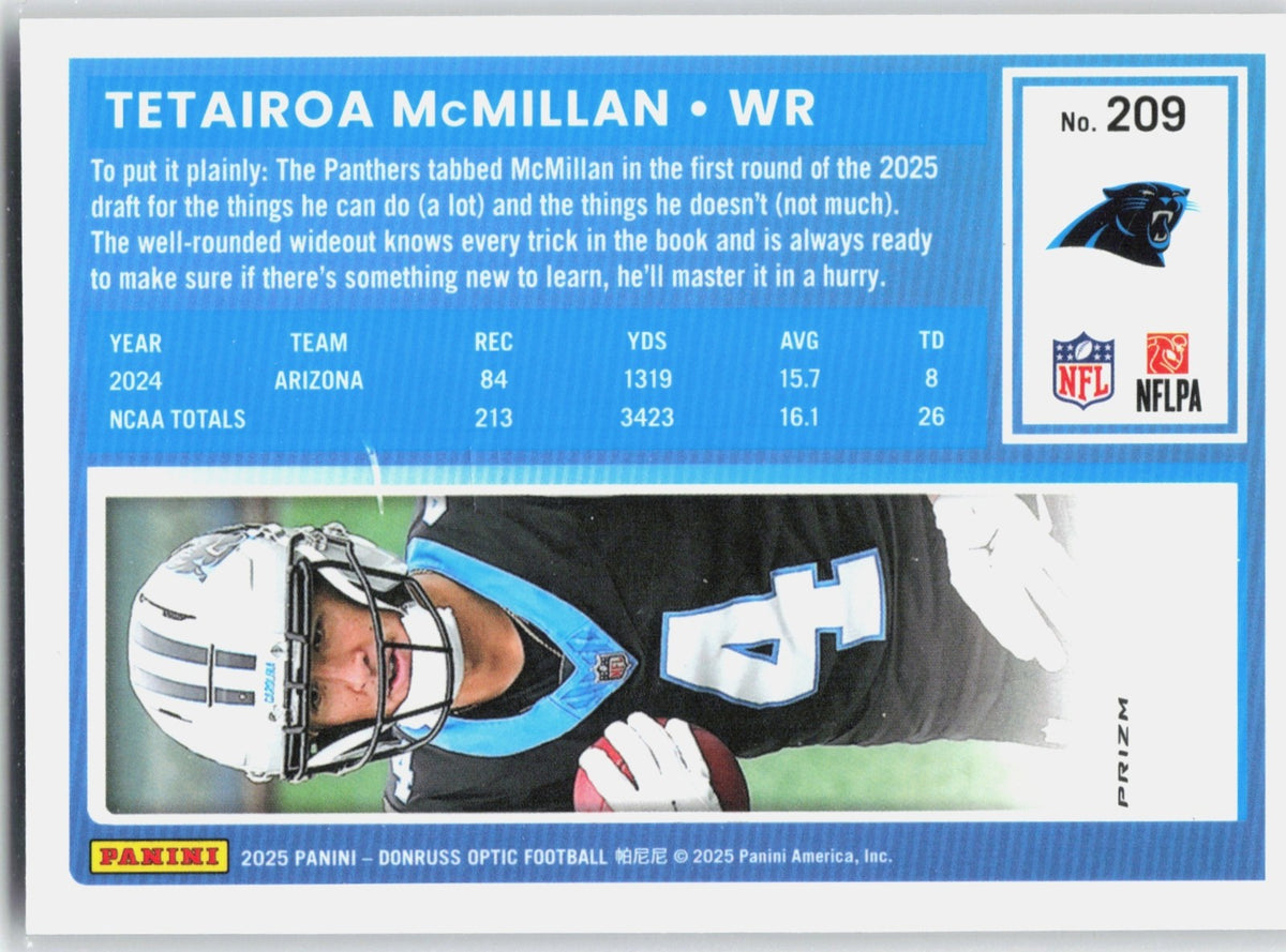 2025 Panini Donruss Optic Tetairoa McMillan #209 Rated Rookie Purple Shock Prizm
