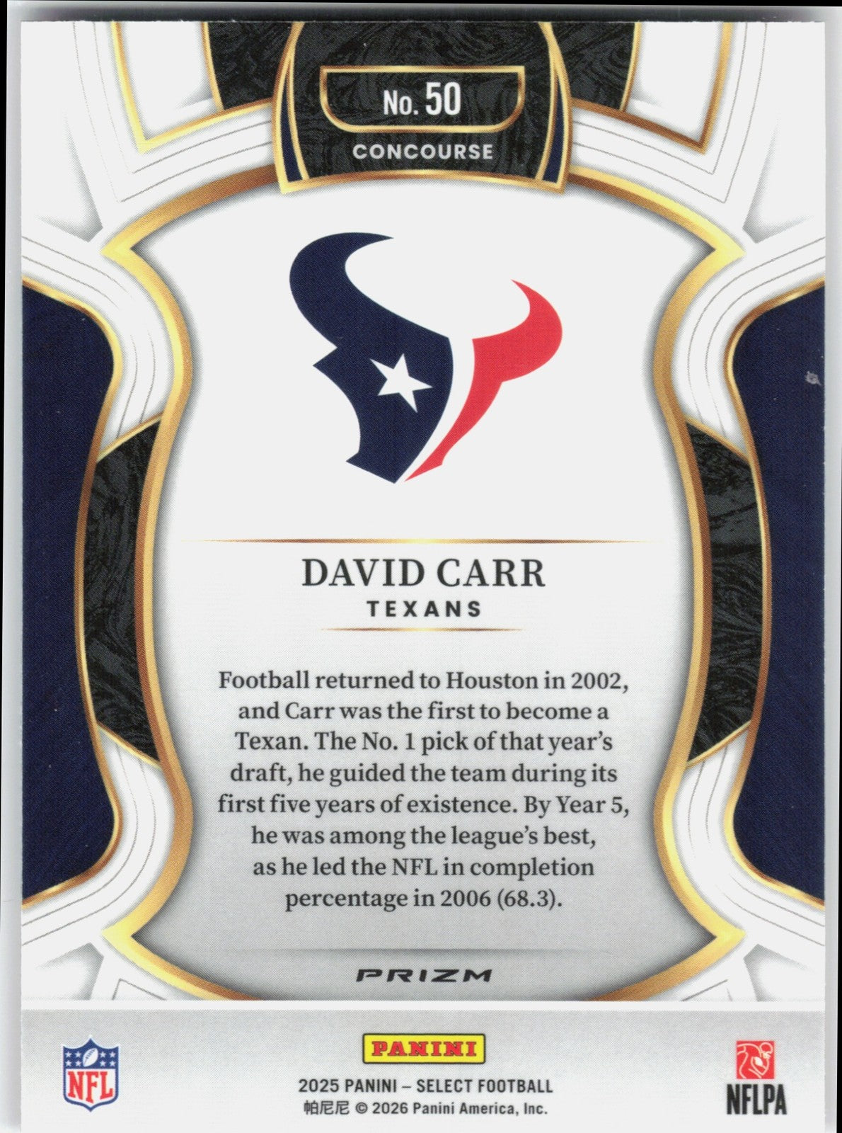 2025 Panini Select David Carr #50 Concourse Pink Prizm Shock Texans