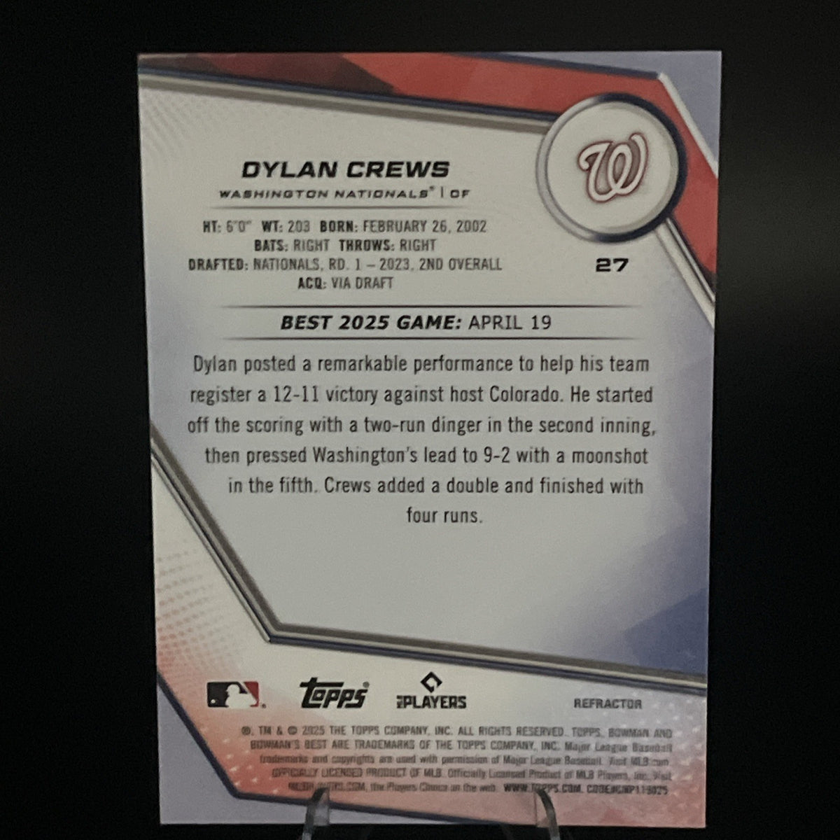 2025 Bowman's Best - Dylan Crews #27 Refractor (RC)