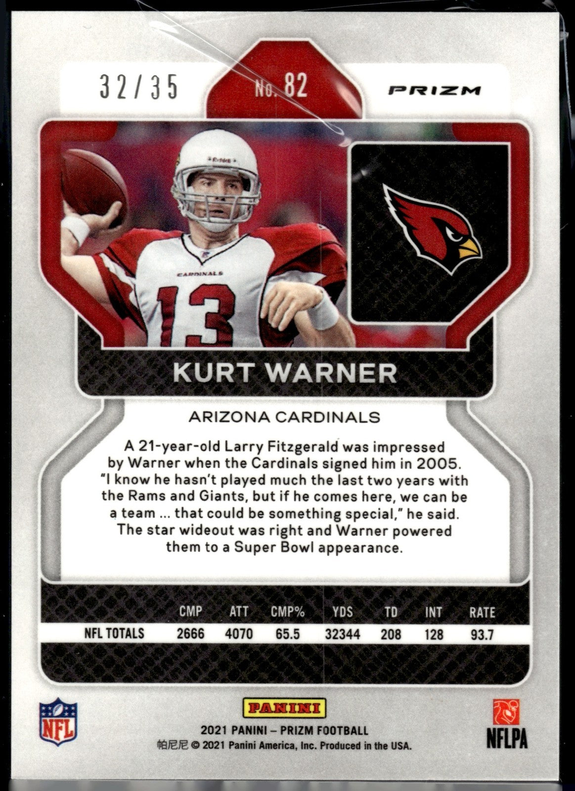 2021 Panini Prizm Kurt Warner #82 No Huddle Purple 32/35 Cardinals
