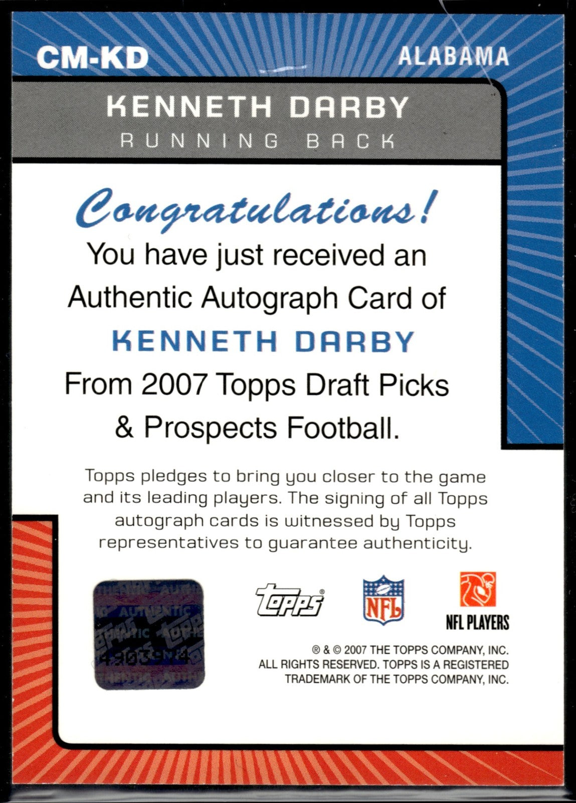 2007 Topps Draft Picks & Prospects Kenneth Darby #CM-KD Class Marks Auto RC