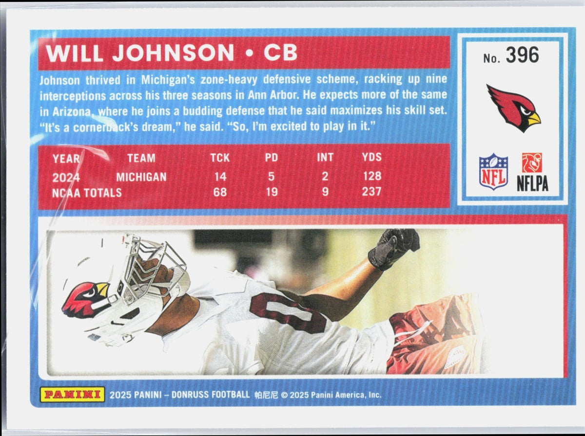 2025 Panini Donruss Will Johnson #396 Rated Rookie Press Proof Purple RC