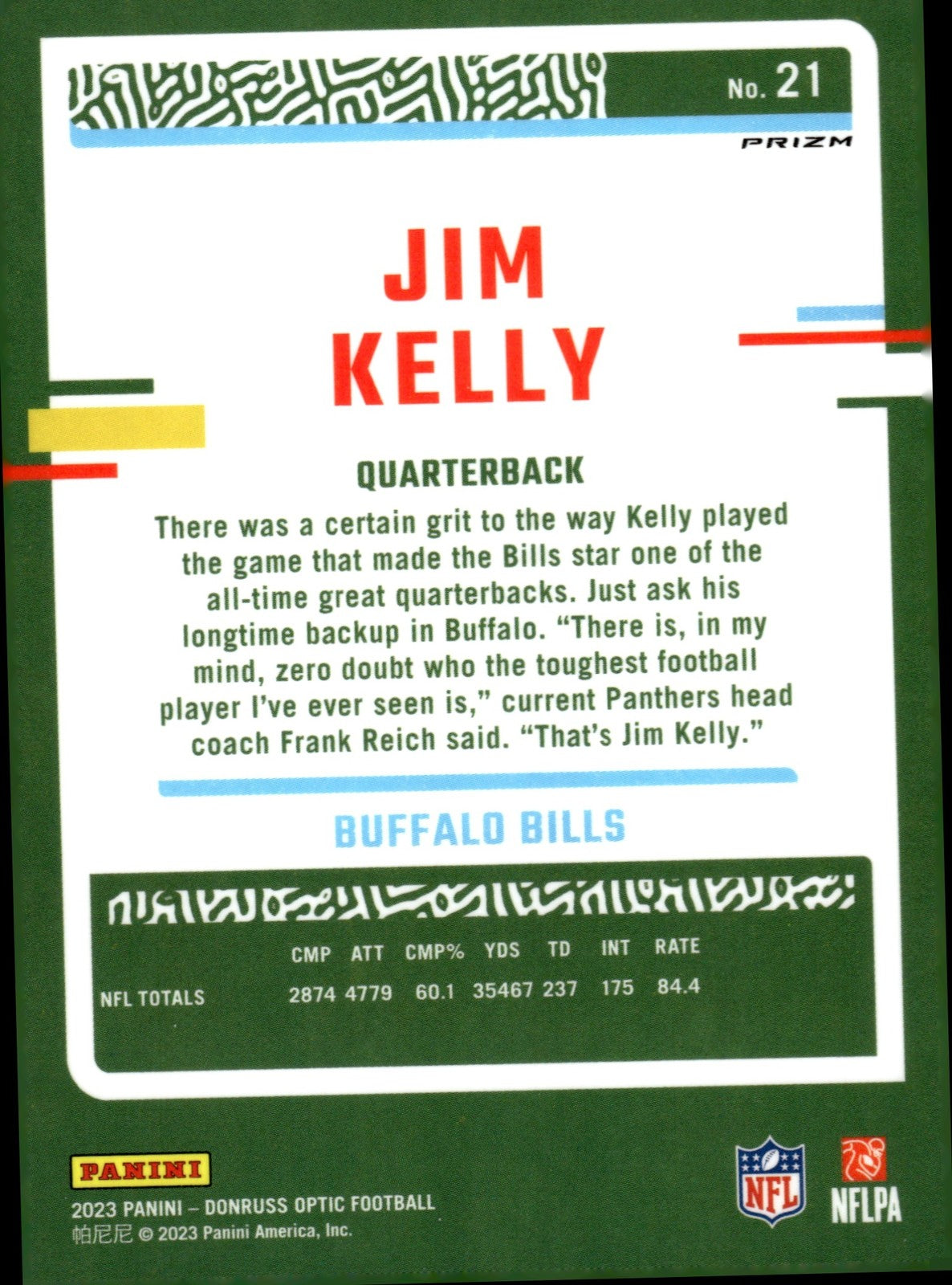 2023 Panini Donruss Optic Jim Kelly #21 Holo Prizm Bills