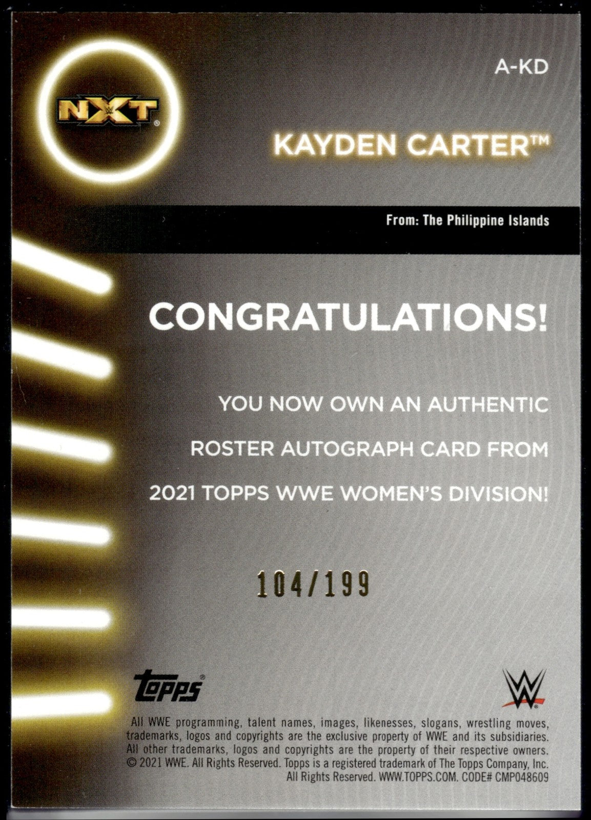 2021 Topps WWE Women's Division Kayden Carter #A-KD Auto Blue /25