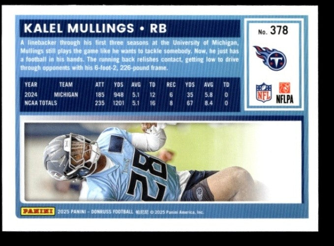 2025 Panini Donruss Kalel Mullings #378 Rated Rookie RC Titans