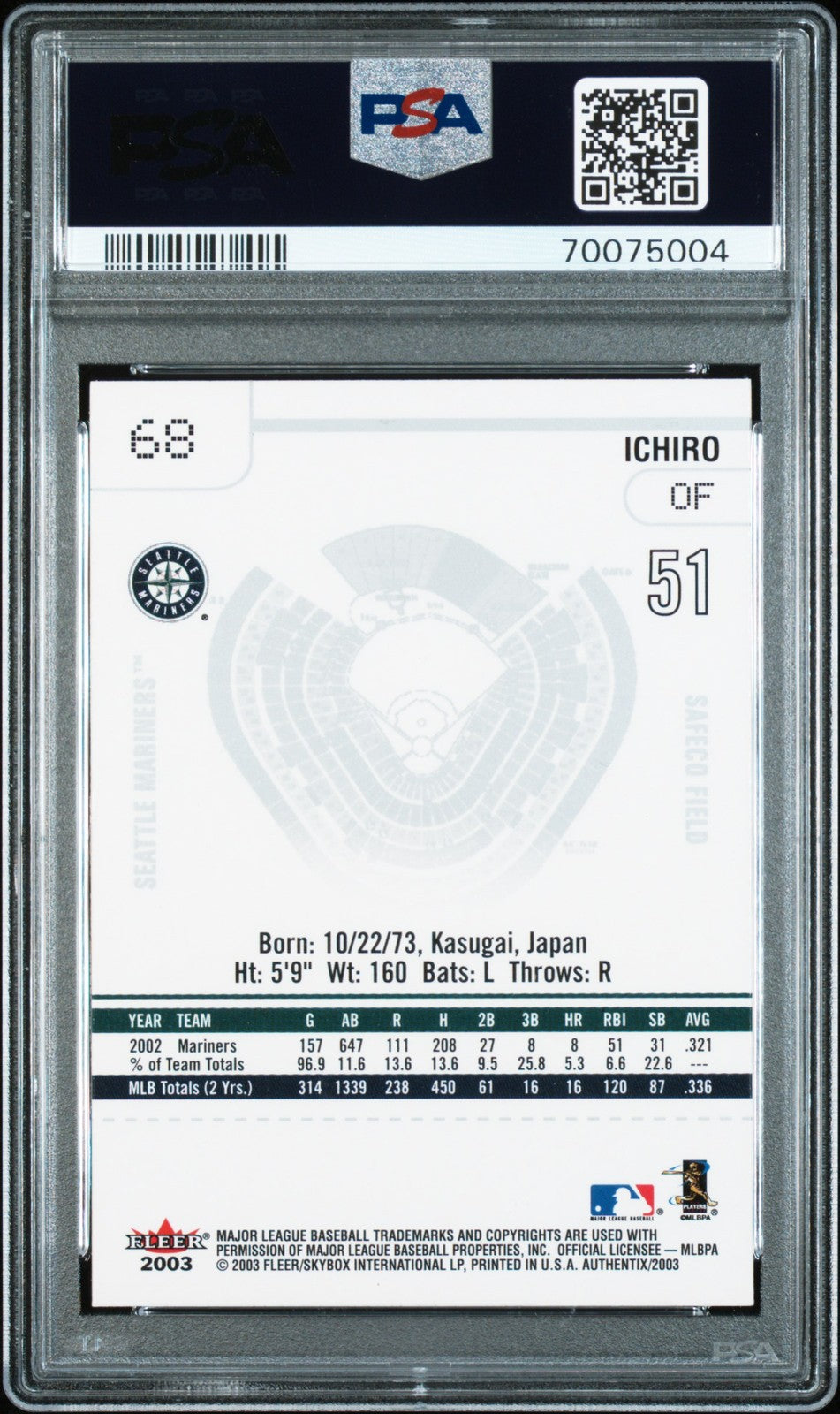 2003 Fleer Authentix #68 Ichiro Seattle Mariners PSA 8