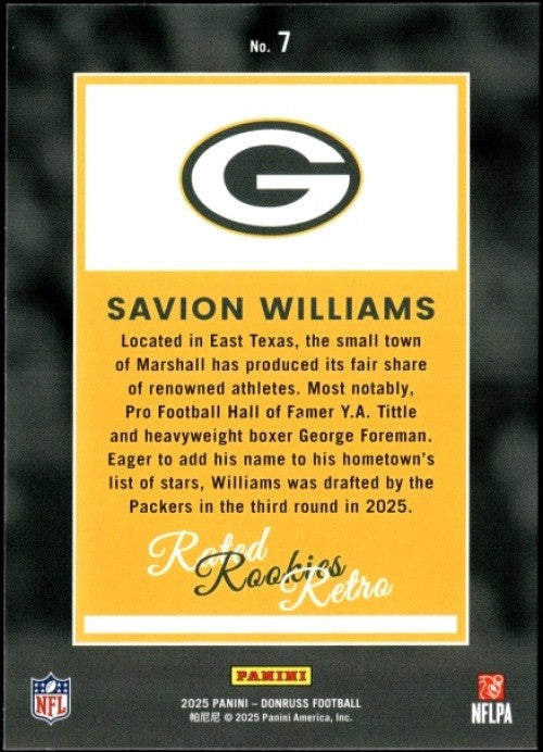 2025 Panini Donruss Savion Williams #7 Rated Rookie Retro RC Packers