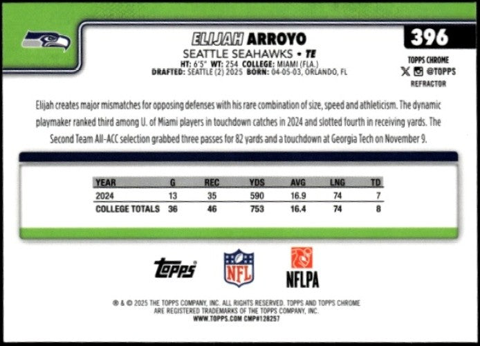 2025 Topps Chrome Elijah Arroyo #396 Rookie Refractor RC Seahawks
