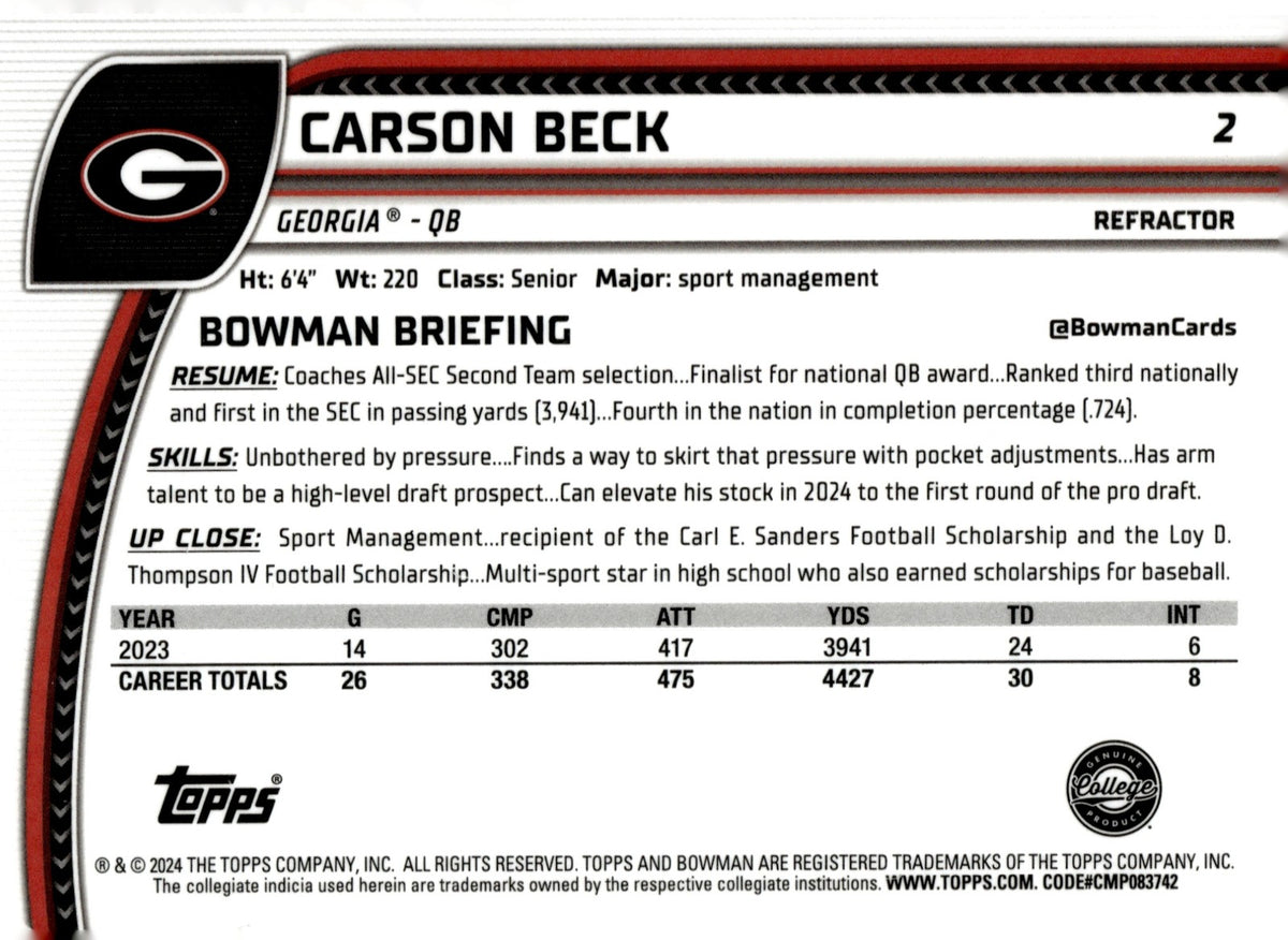2024 Bowman Chrome University Carson Beck #2 Refractor Bulldogs