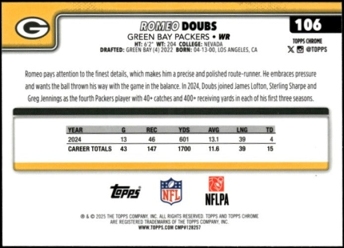 2025 Topps Chrome Romeo Doubs #106 Packers