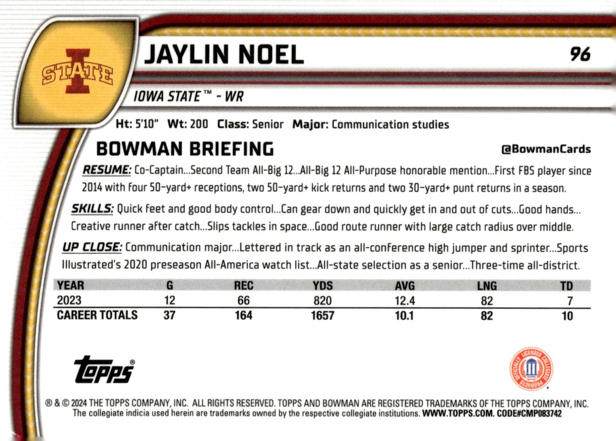 2024 Bowman Chrome University Jaylin Noel #96 1st Prospect Cyclones