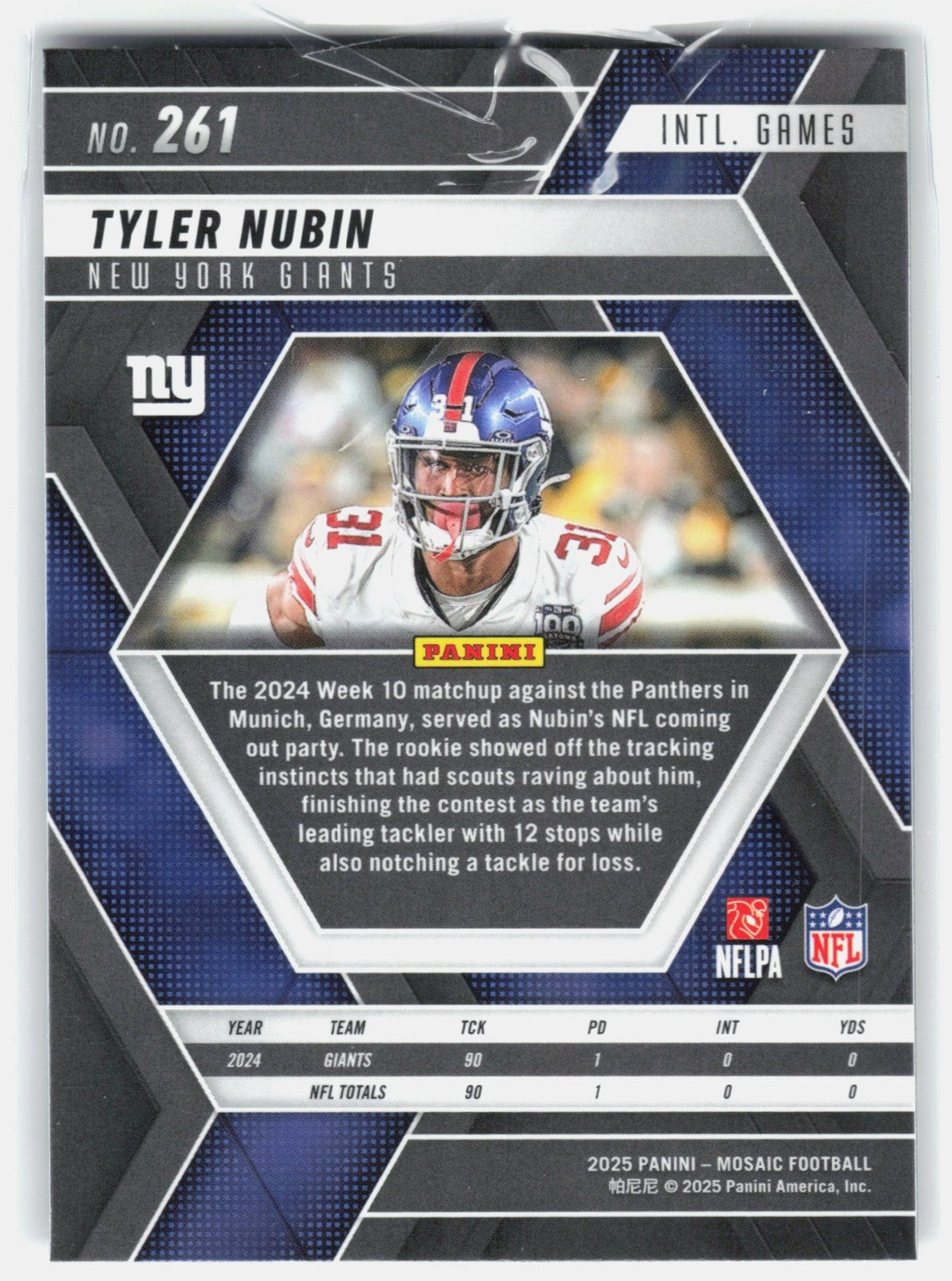 2025 Panini Mosaic Tyler Nubin #261 International Games Giants