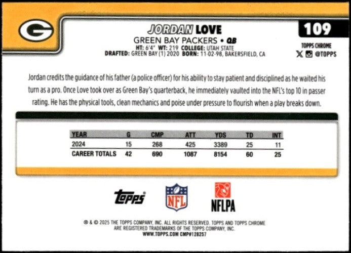 2025 Topps Chrome Jordan Love #109 RayWave Refractor Packers