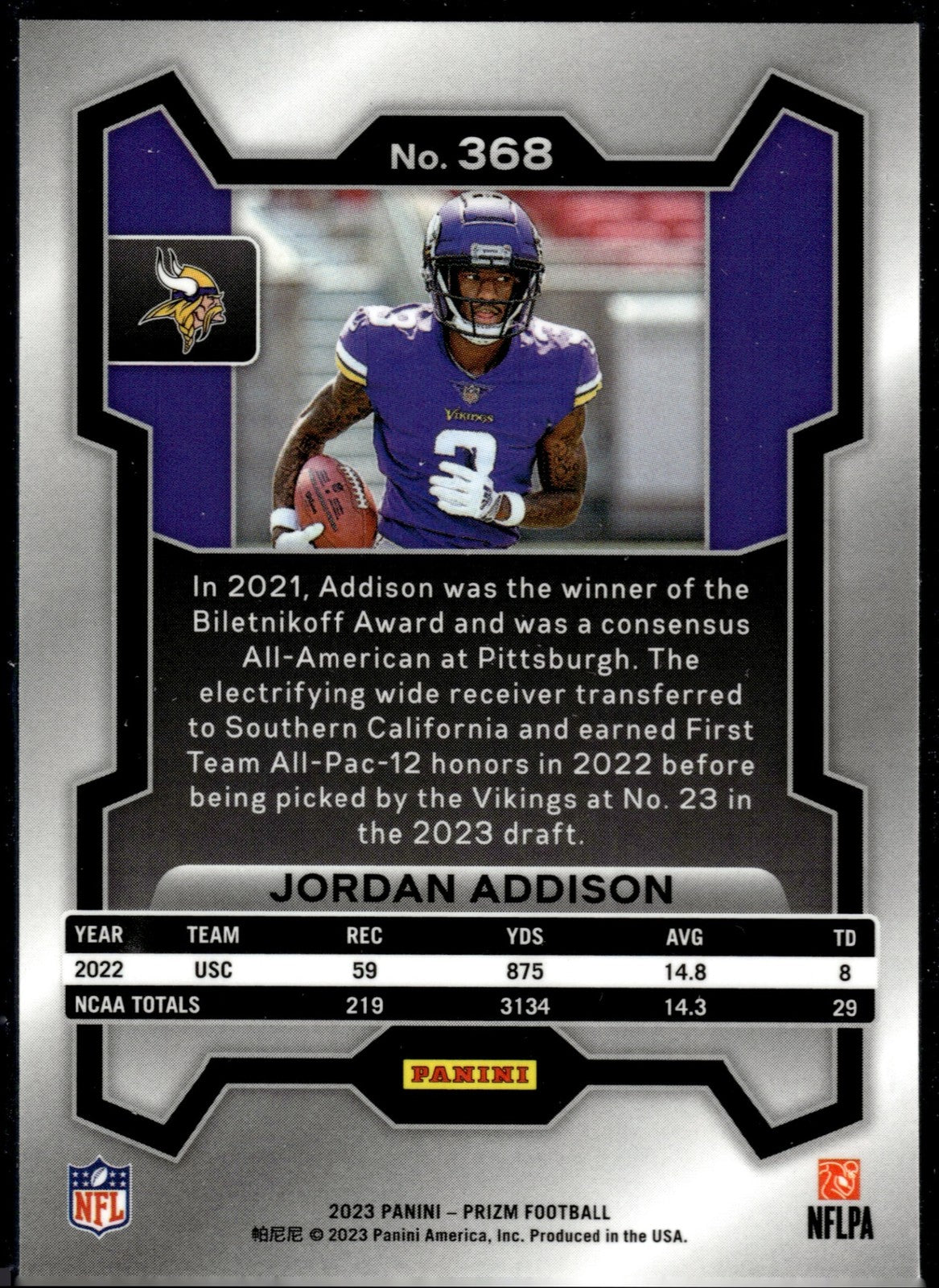 2023 Panini Prizm Jordan Addison #368 RC Vikings