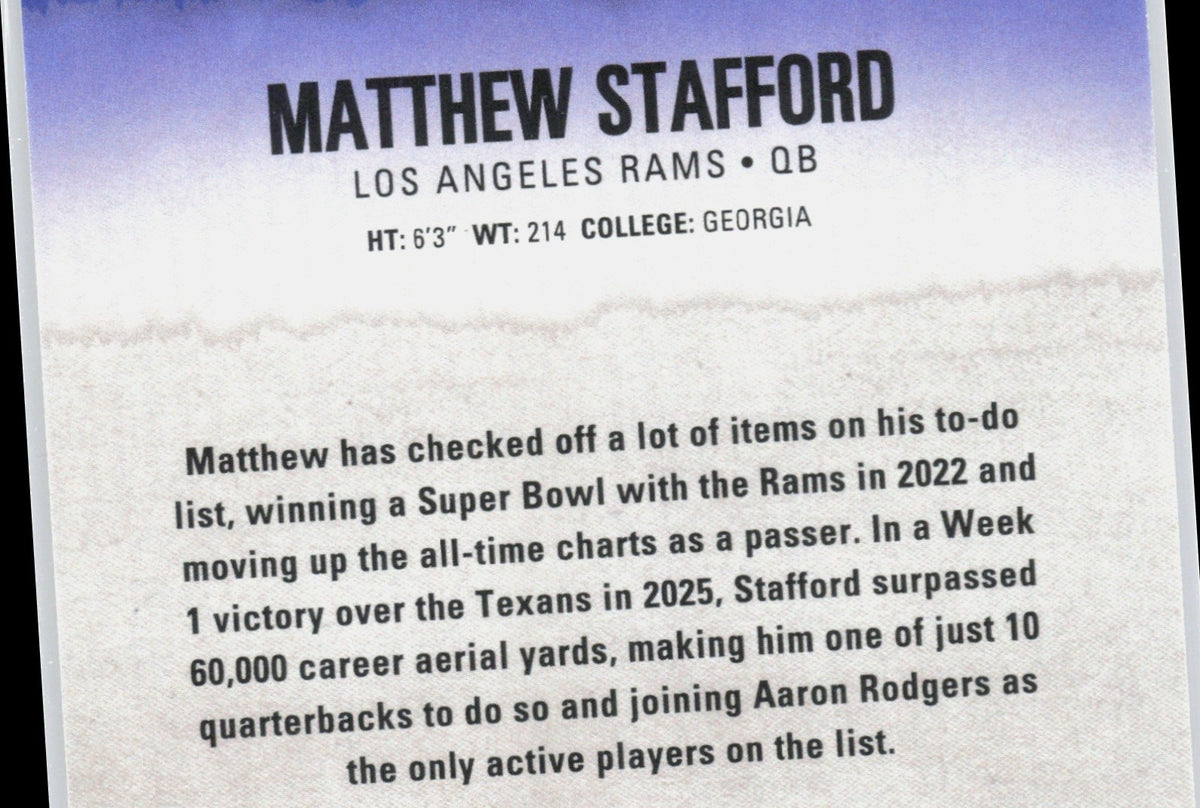 2025 Topps Signature Class Matthew Stafford #32 Veteran Green & Purple Foil Rams