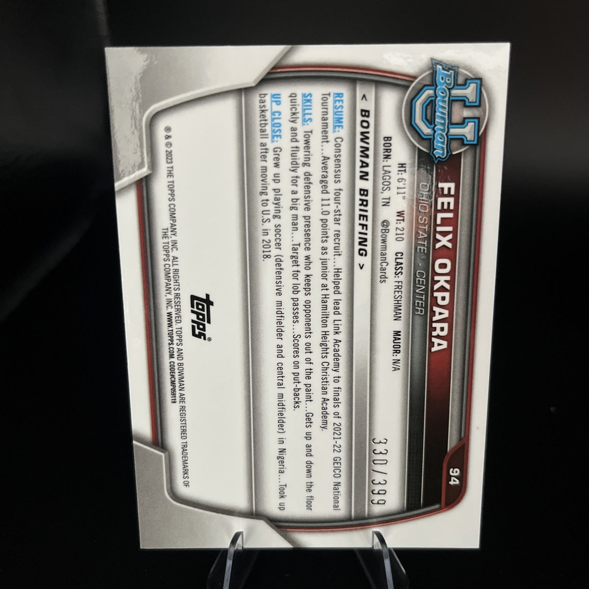 2022-23 Bowman University Chrome - Felix Okpara #94 Purple Refractor /399 (RC)