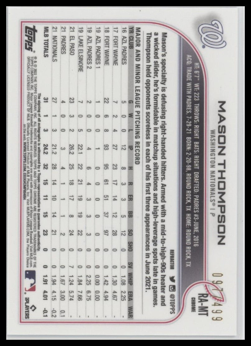 Mason Thompson 2022 Topps Chrome #RA-MT Auto