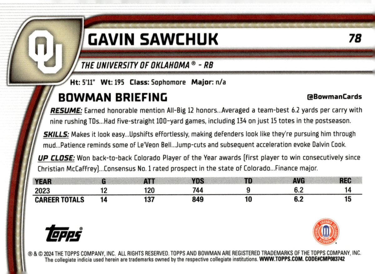 2024 Bowman Chrome University Gavin Sawchuk #78 1st Prospect Sooners