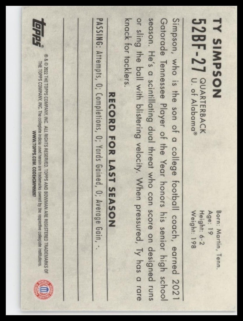Ty Simpson 2022 Bowman University Chrome #52BF-27