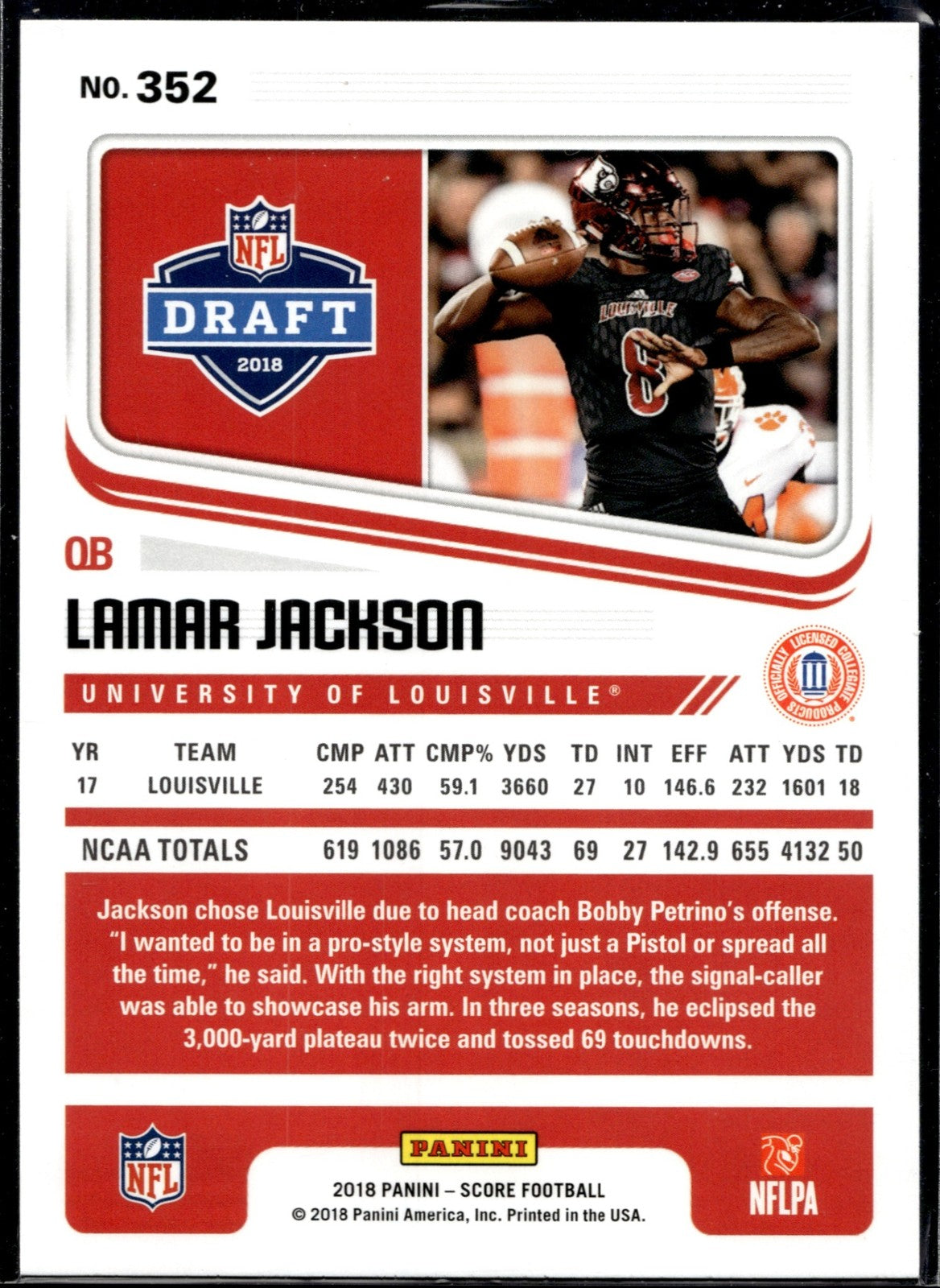 2018 Panini Score Lamar Jackson #352 RC University of Louisville