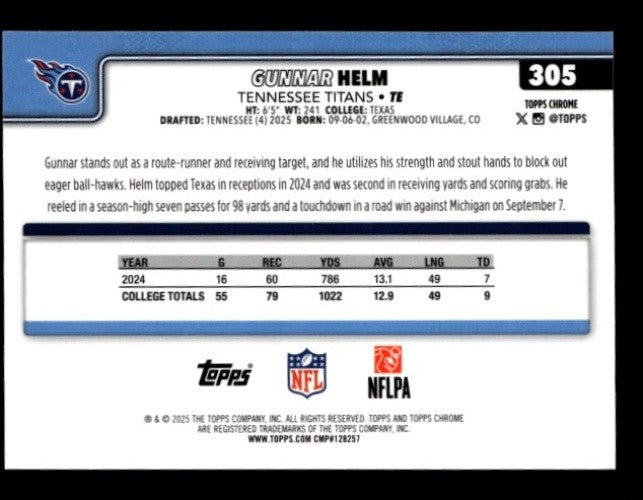 2025 Topps Chrome Gunnar Helm #305 Rookie RC Titans