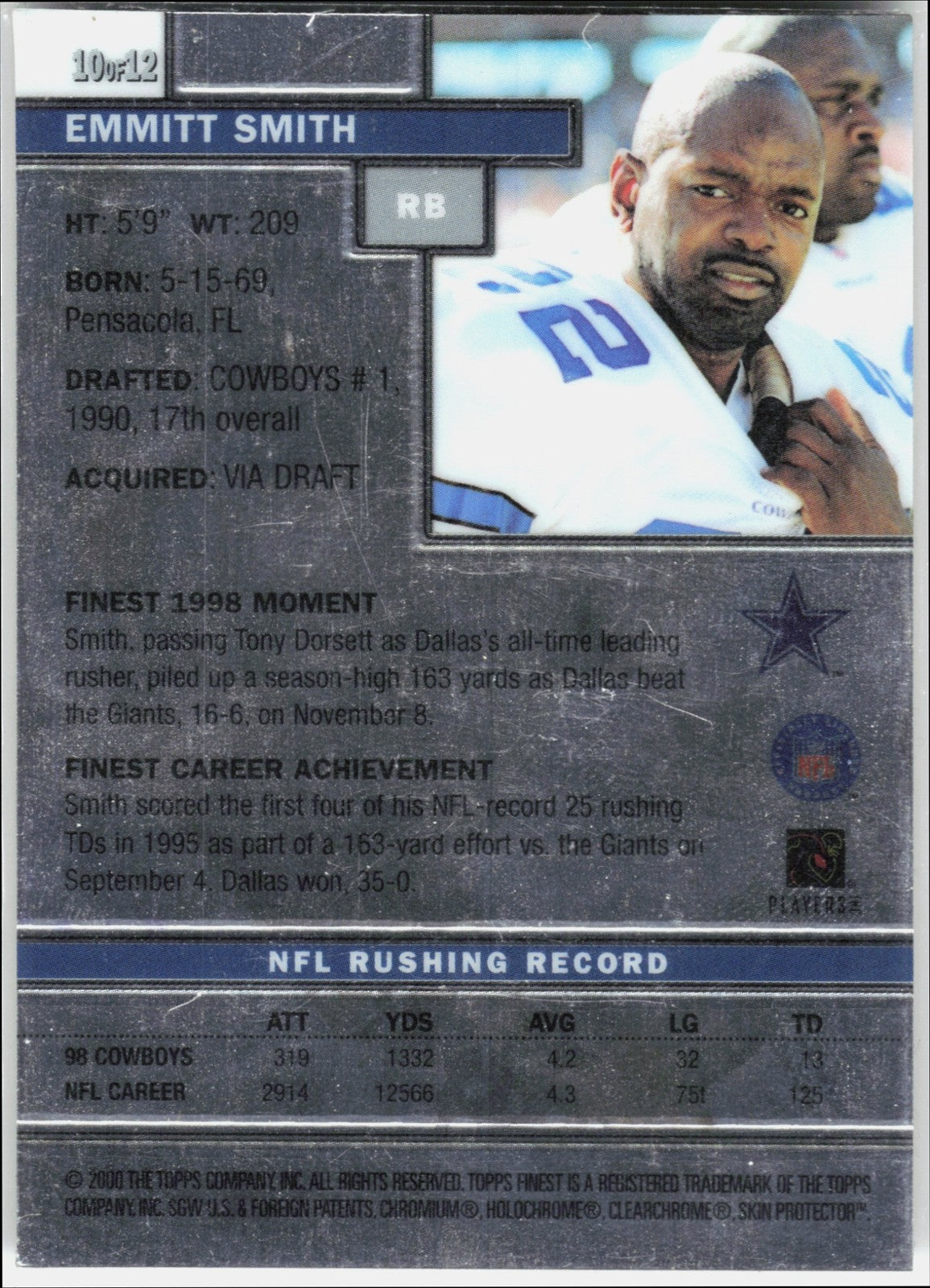 2000 Topps Finest 10 of 12 Aloha Bowl Emmitt Smith #90 Cowboys