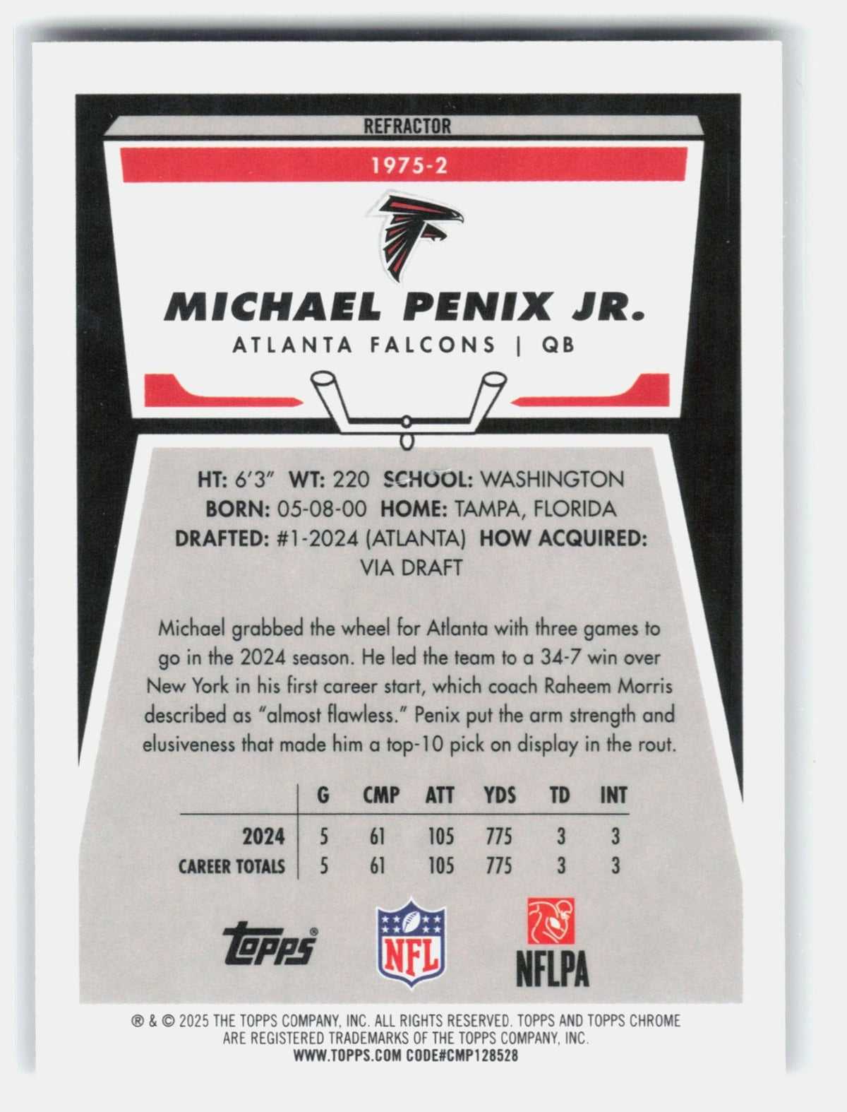 2025 Topps Chrome Michael Penix Jr. #1975-2 1975 Refractor Falcons