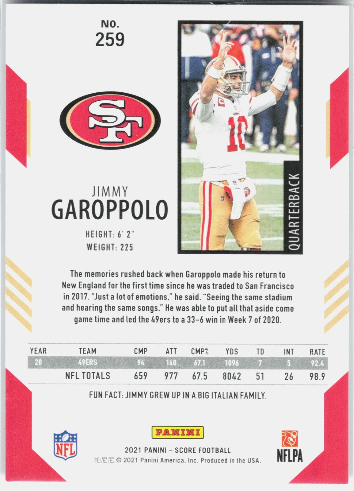 2021 Panini Score Jimmy Garoppolo #259 Spokes Refractor 94/110 49ers