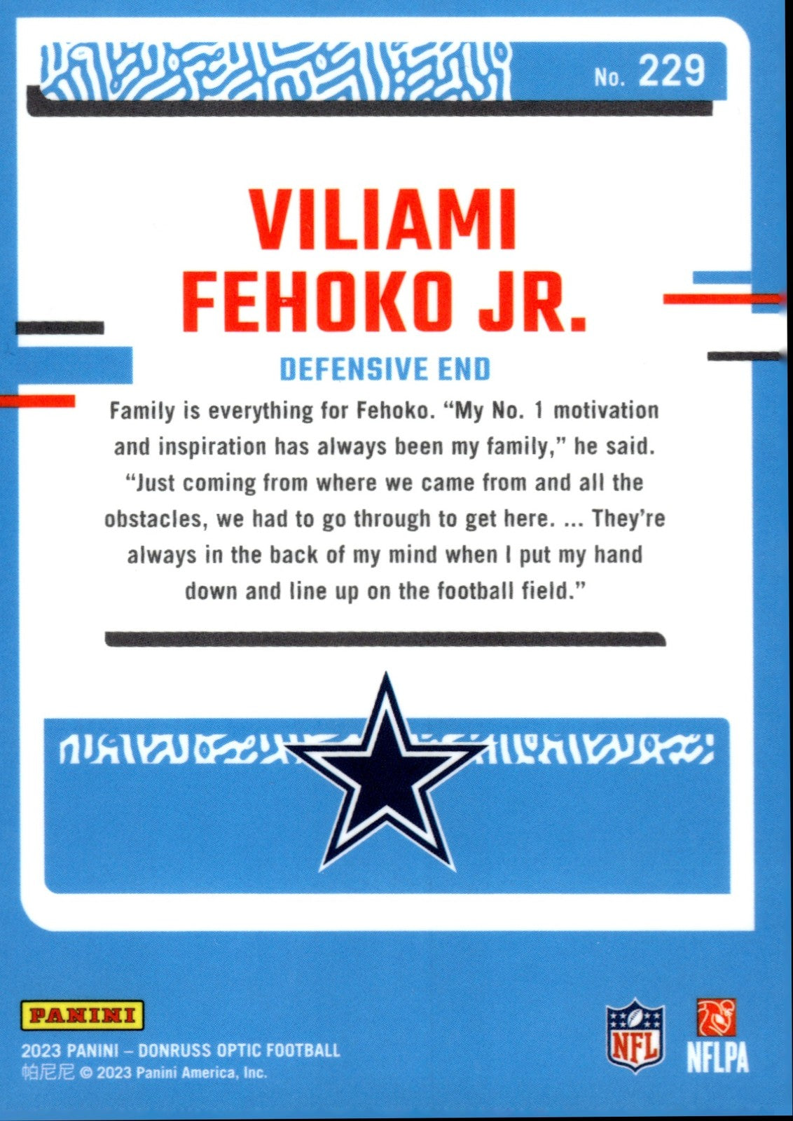 2023 Panini Donruss Optic Viliami Fehoko Jr. #229 RC Rated Rookie Cowboys