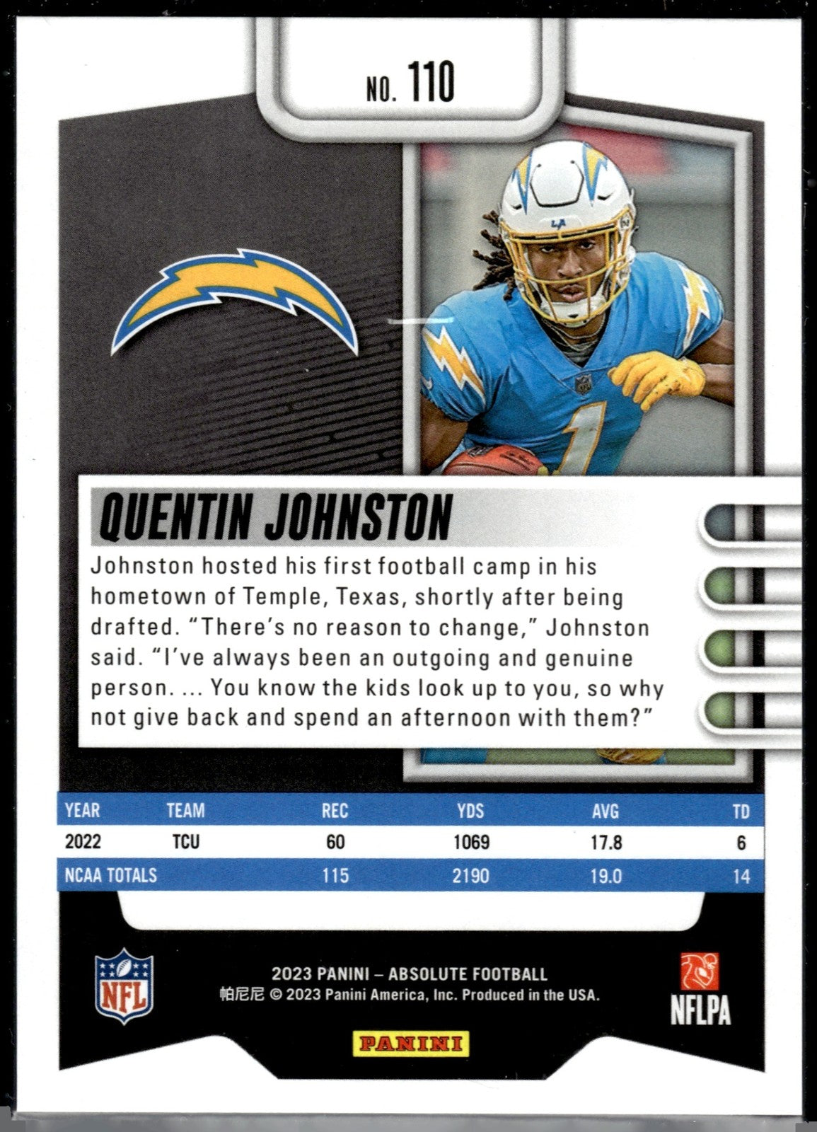 2023 Panini Absolute Quentin Johnston #110 Blue Diamonds 103/199 RC Chargers