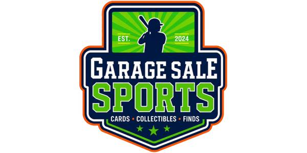 A graphic logo for 'Garage Sale Sports' featuring a baseball player silhouette on a green sunburst background, with the text 'EST. 2024', 'GARAGE SALE SPORTS', and 'CARDS • COLLECTIBLES • FINDS' on a shield-shaped badge.