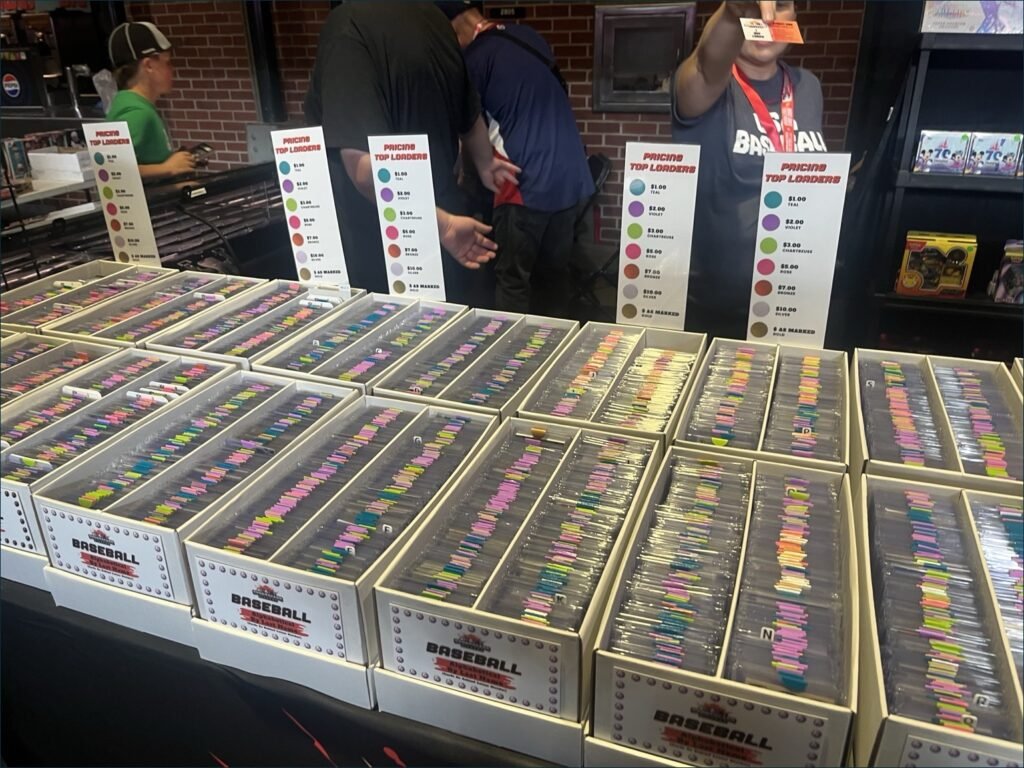 Boxes of sports cards for sale in sorted white boxes